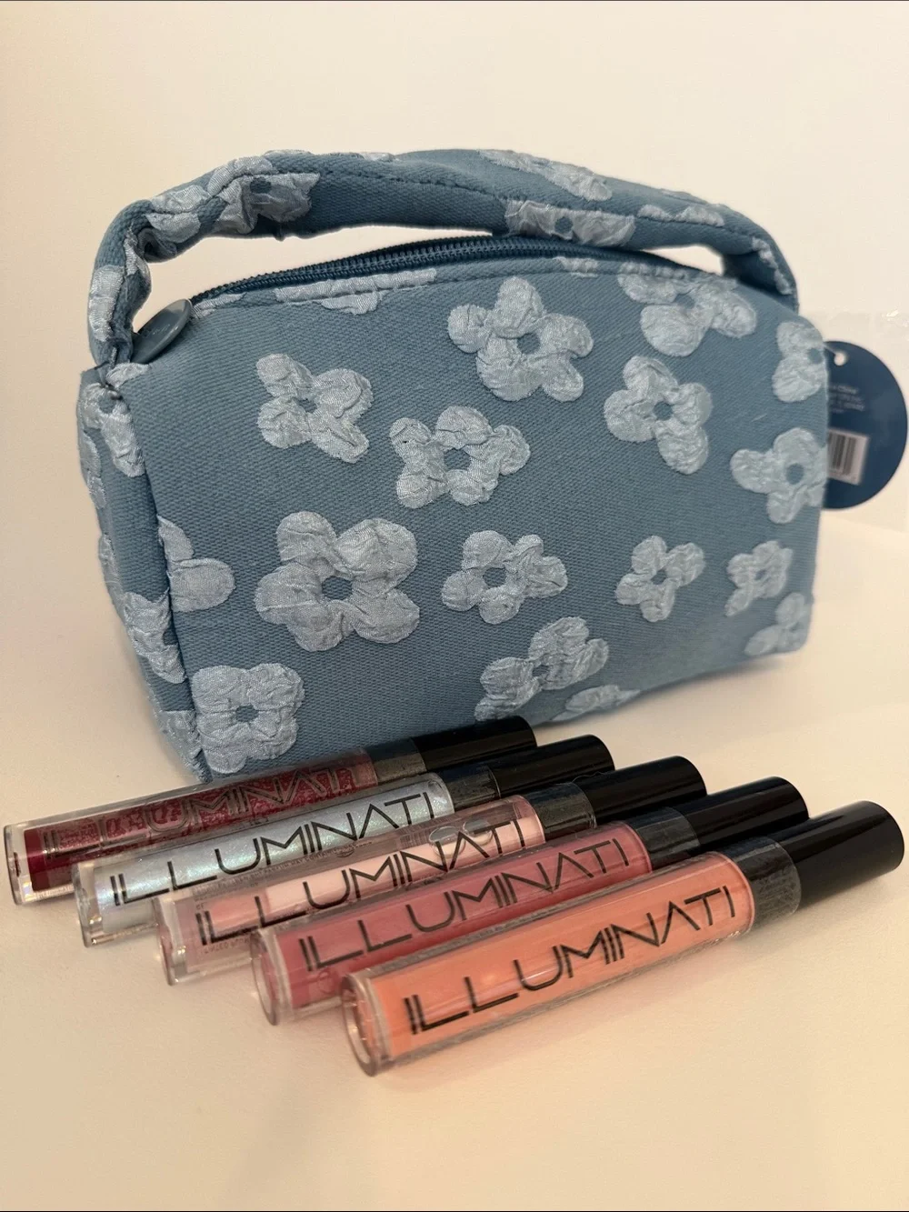 Blue Floral Cosmetic Pouch and FIVE Illuminati Lip Color
